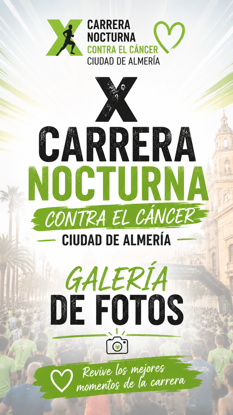 Galería oficial de fotografías de la X Carrera Nocturna Contra el Cáncer Ciudad de Almería 2026 con los mejores momentos de la prueba solidaria